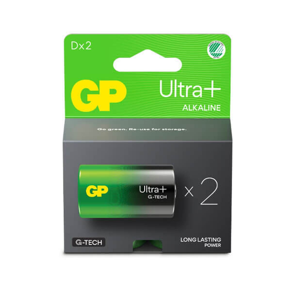 GP Ultra Plus Alkaline D batteri, 13AUP/LR20, 2-pak