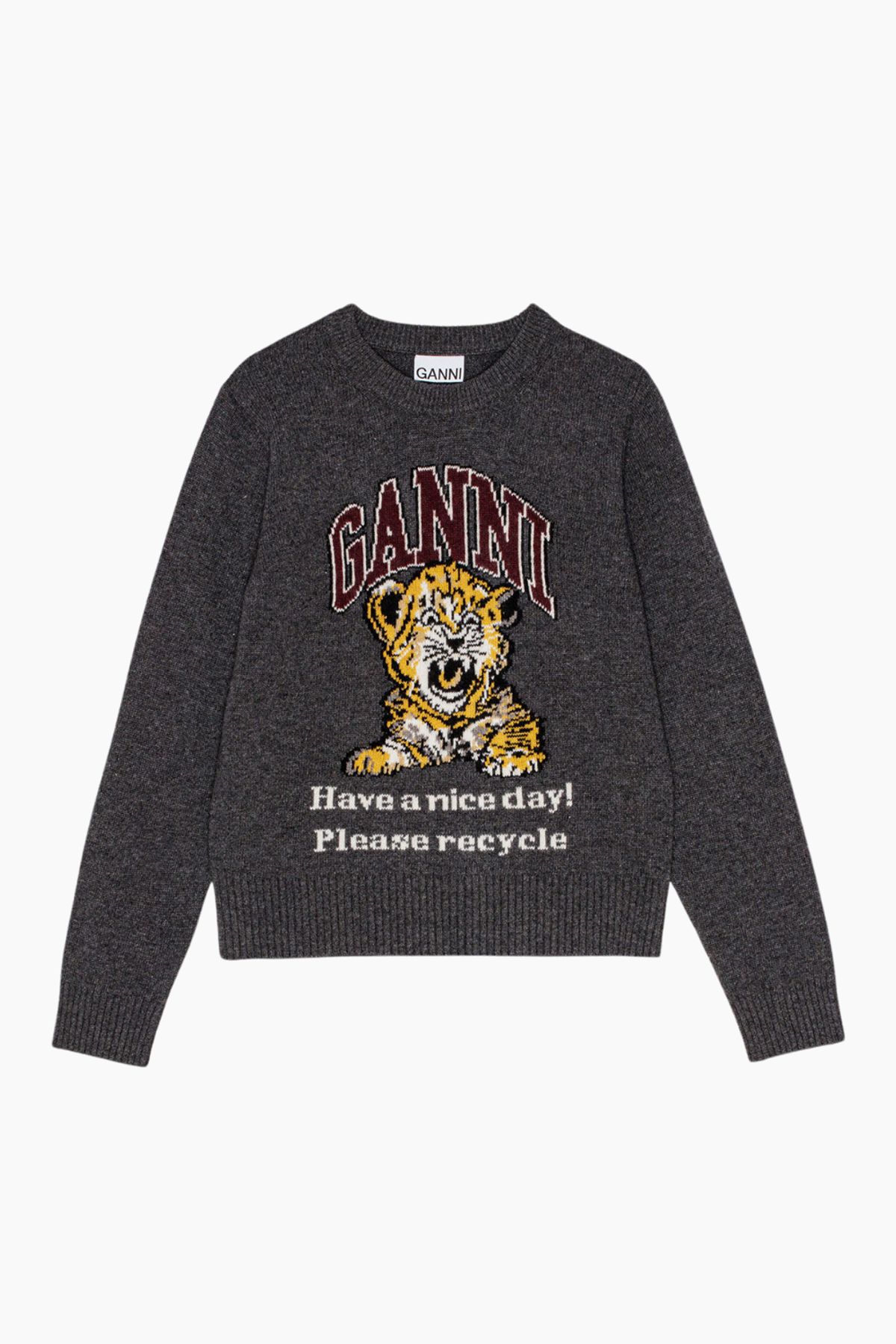 Graphic Wool Mix Tiger Crewneck K2278 - Grey Quill - GANNI - Grå XL