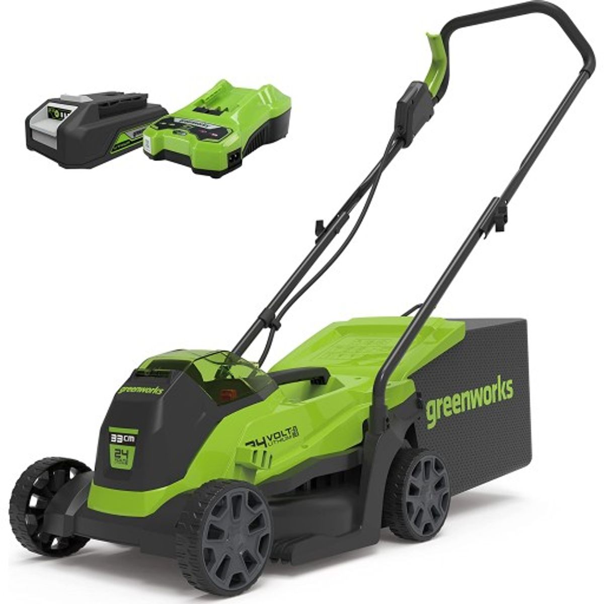 Greenworks plæneklipper 33cm - 24V m. 2,0Ah batteri & lader