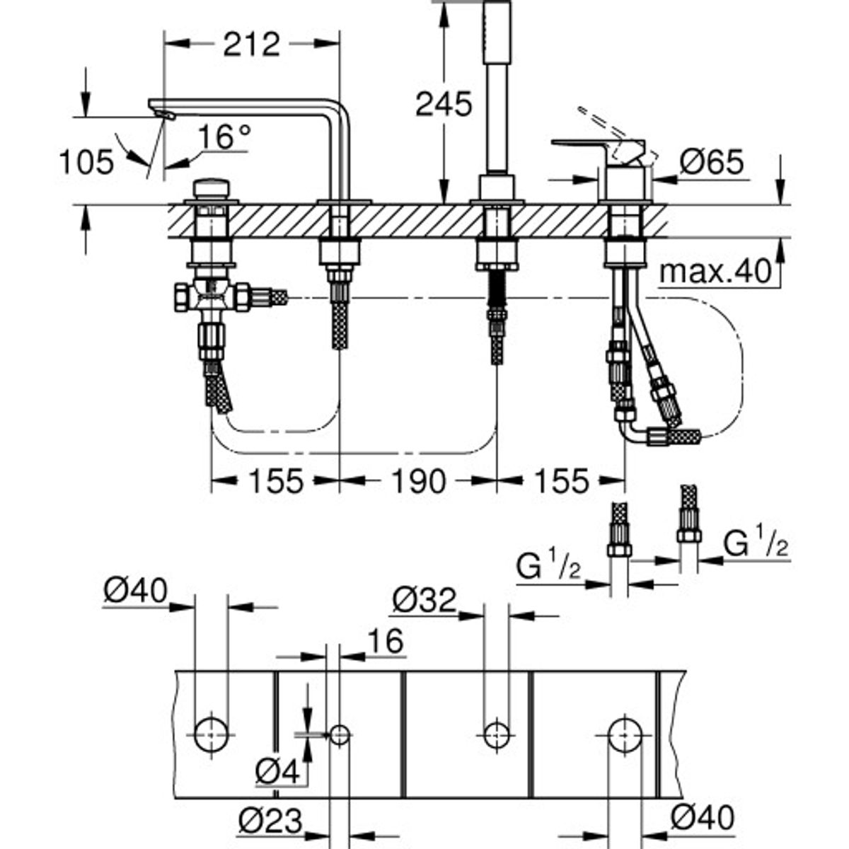 Grohe Lineare 4-huls kar- & brusekombination