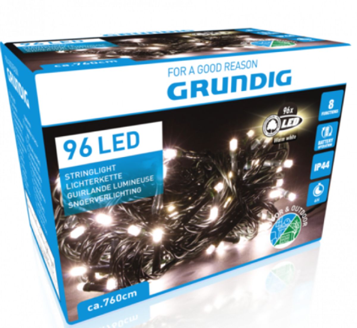 Grundig udendørs lyskæde 96 LED m. timer, 7,6 m