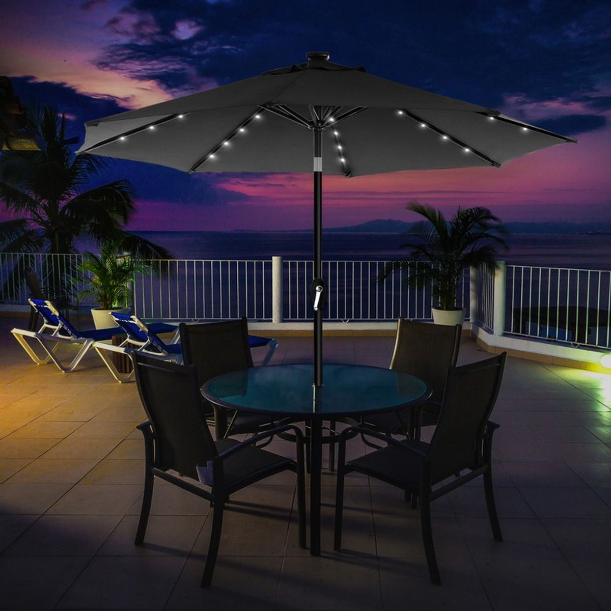 Haveparasol Ø3 M med LED-lys - rund Ø 300 cm parasol - grå - Haveparasoller > Metal parasoller - parasoller i metal - Daily-Living