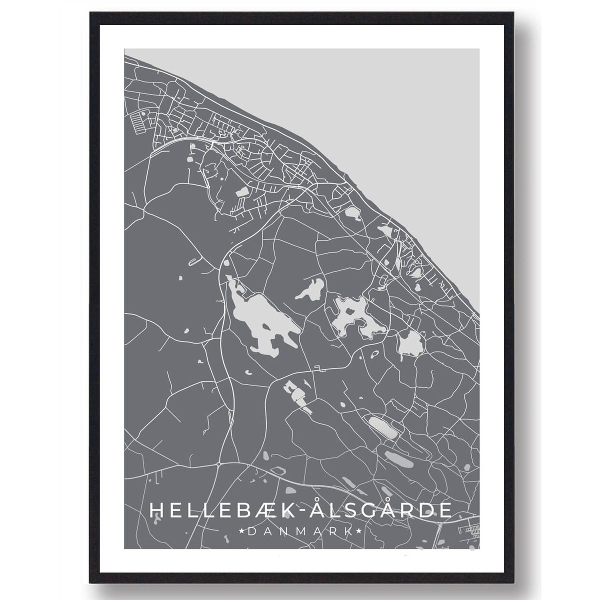 Hellebæk - Ålsgårde by plakat - grå (Størrelse: M - 30x40cm)