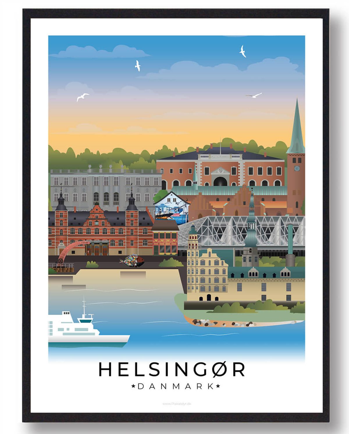 Helsingør byplakat med hvid kant (RESTPARTI) (Størrelse: M - 30x40cm)