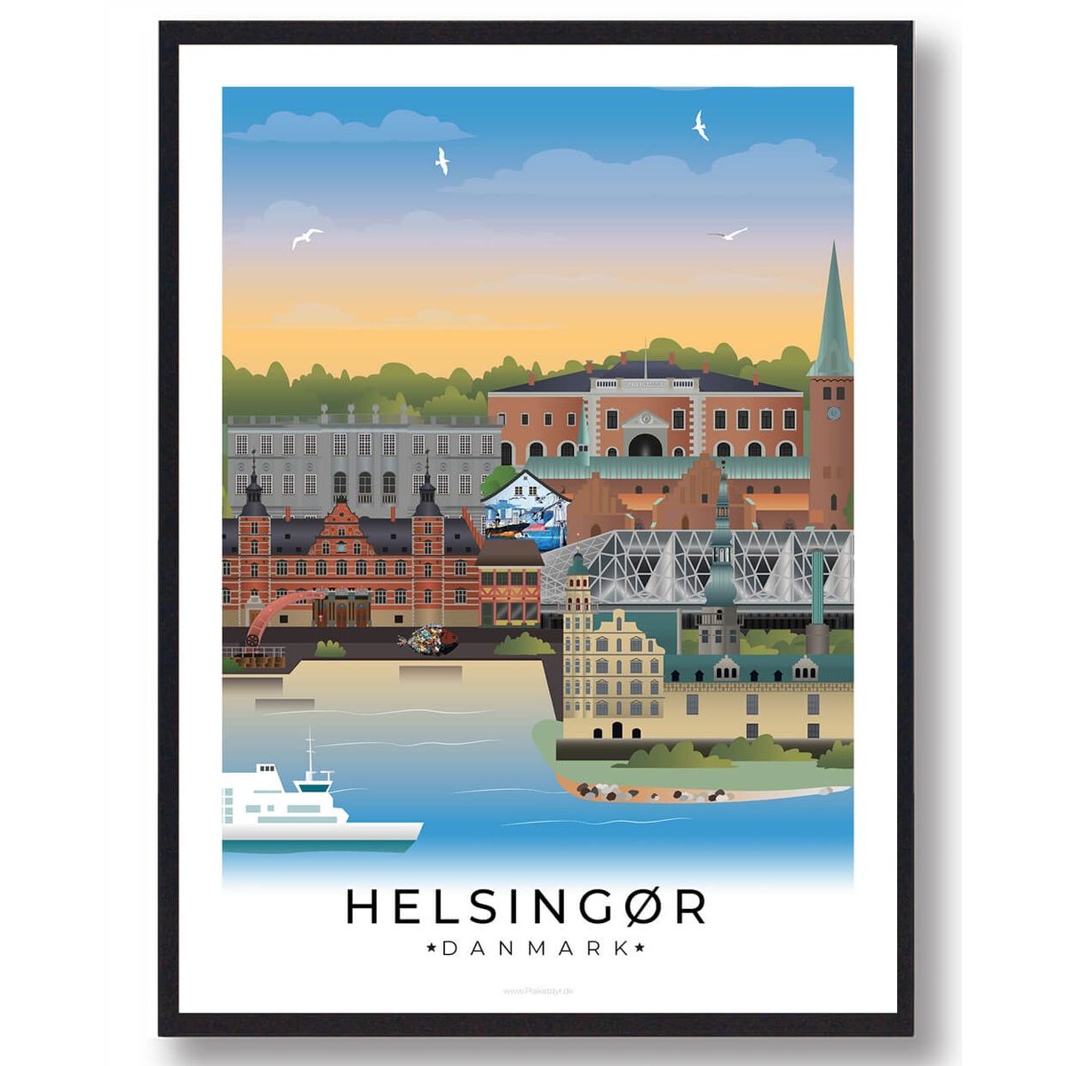 Helsingør byplakat med hvid kant (RESTPARTI) (Størrelse: XL - 70x100cm)