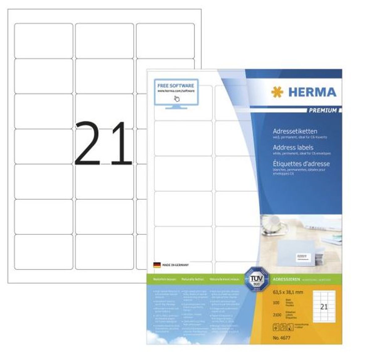 Herma address labels A4 hvid 63,5 x 38,1 25ark = 525 stk