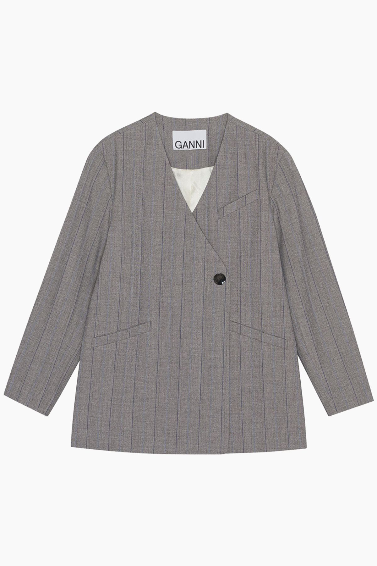 Herringbone Suiting Boxy Blazer F8225 - Frost Grey - GANNI - Grå M