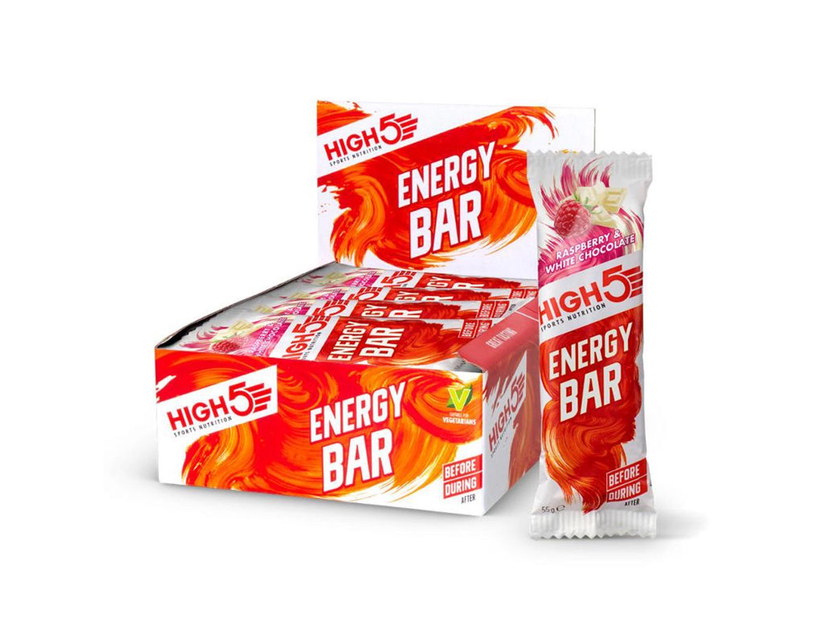 High5 Energybar - Hindbær med hvid chokolade - 55 gram - 1 kasse á 12 stk.