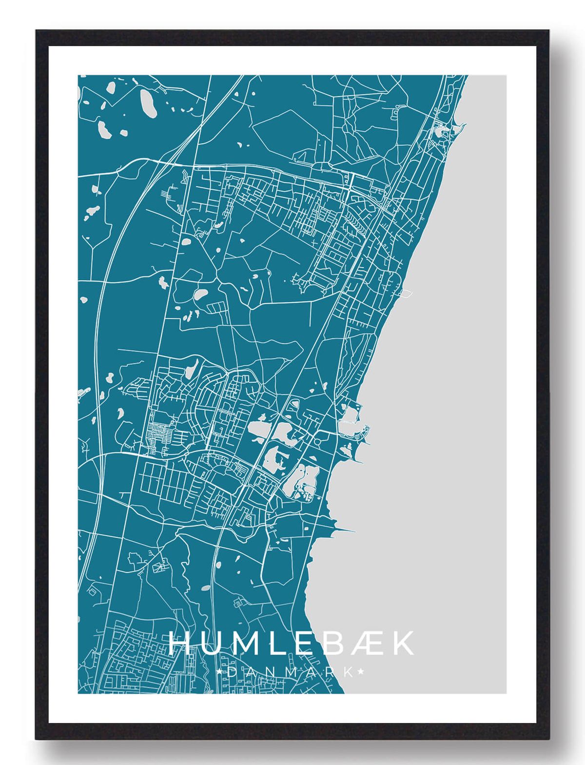 Humlebæk by plakat - blå (Størrelse: L - 50x70cm (B2))