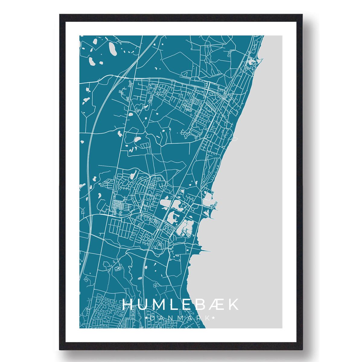 Humlebæk by plakat - blå (Størrelse: S - 21x29,7cm (A4))