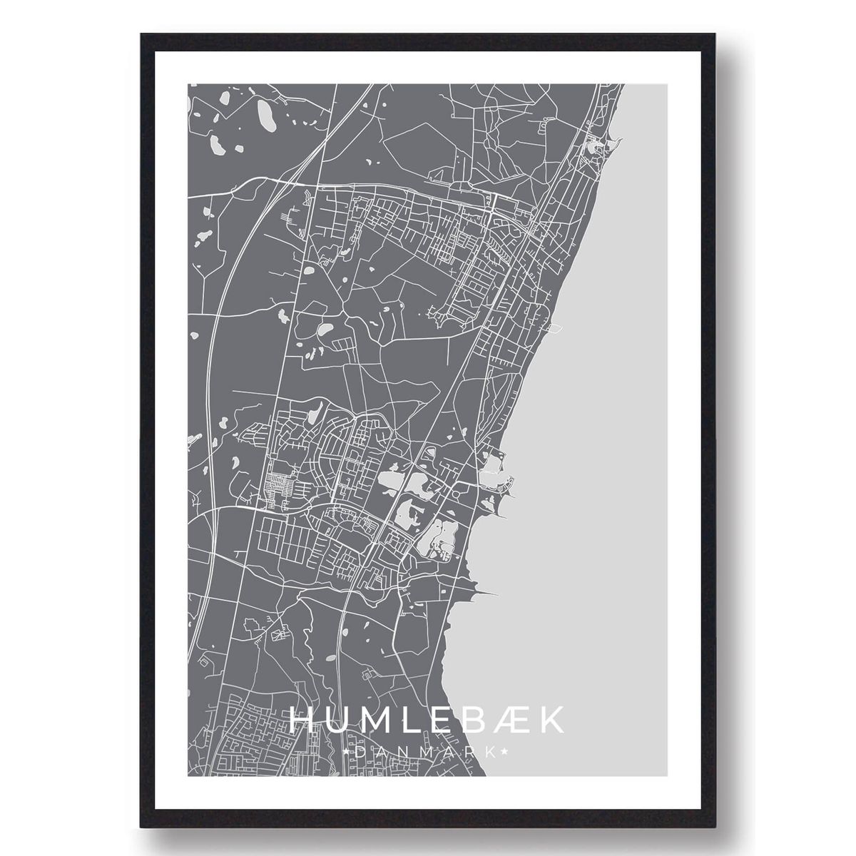 Humlebæk by plakat - grå (Størrelse: S - 21x29,7cm (A4))