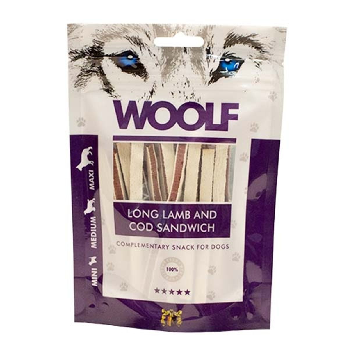 Hundegodbid Woolf lam/torsk lang sandwich, 100g