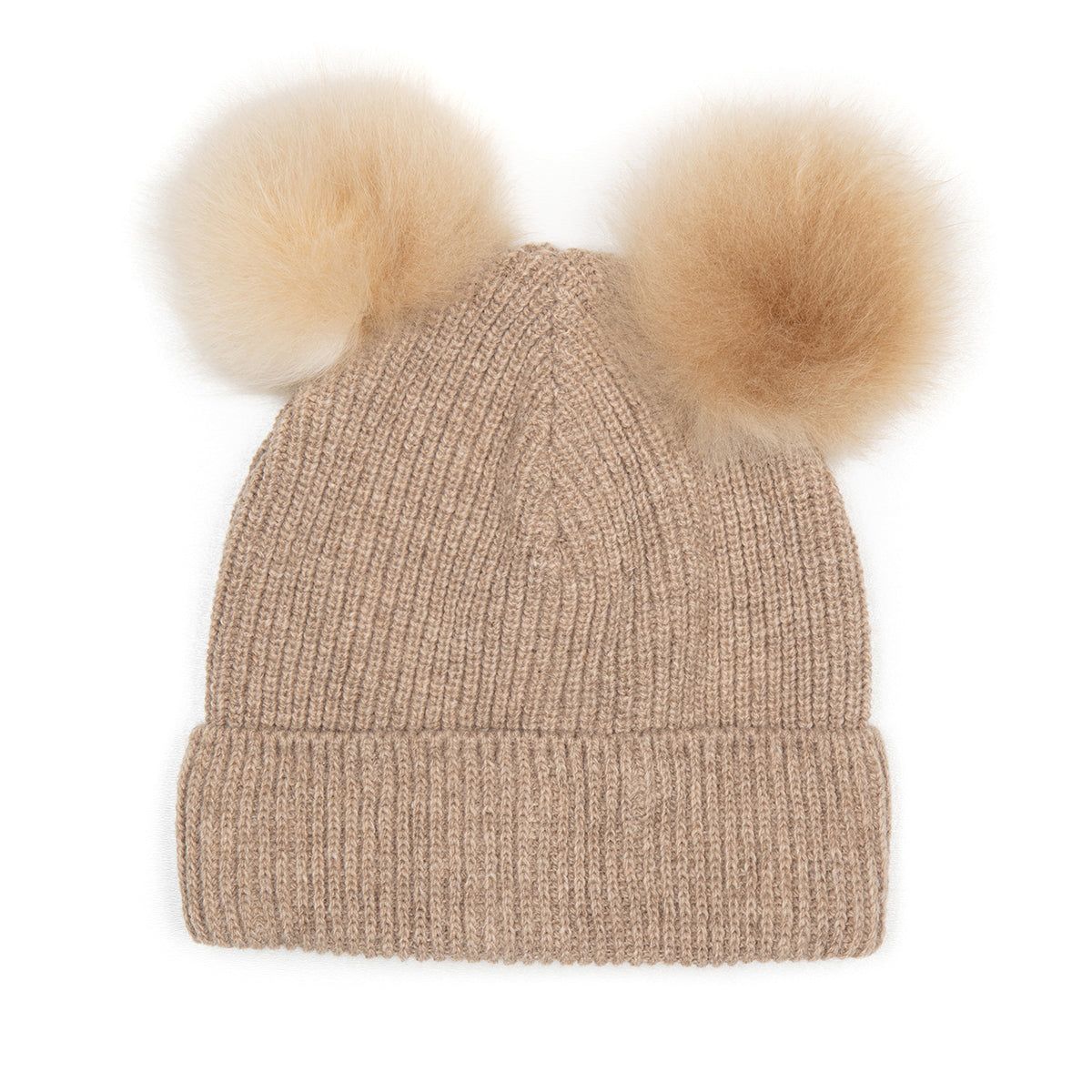 Huttelihut Uld Hue med Alpaca Pompoms - Camel - 2-6 år