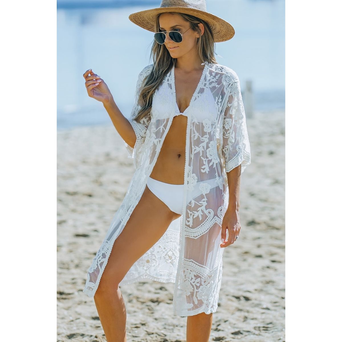 Hvid cover up mesh kimono kjole