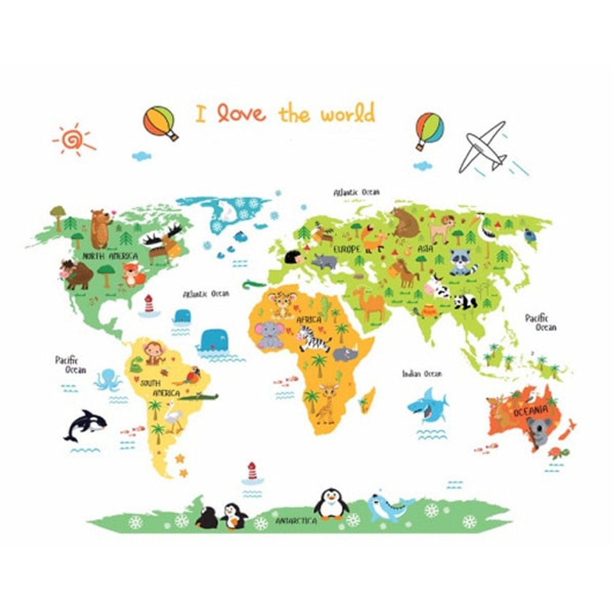 I Love The World wallsticker. Flot verdenskort for børn.