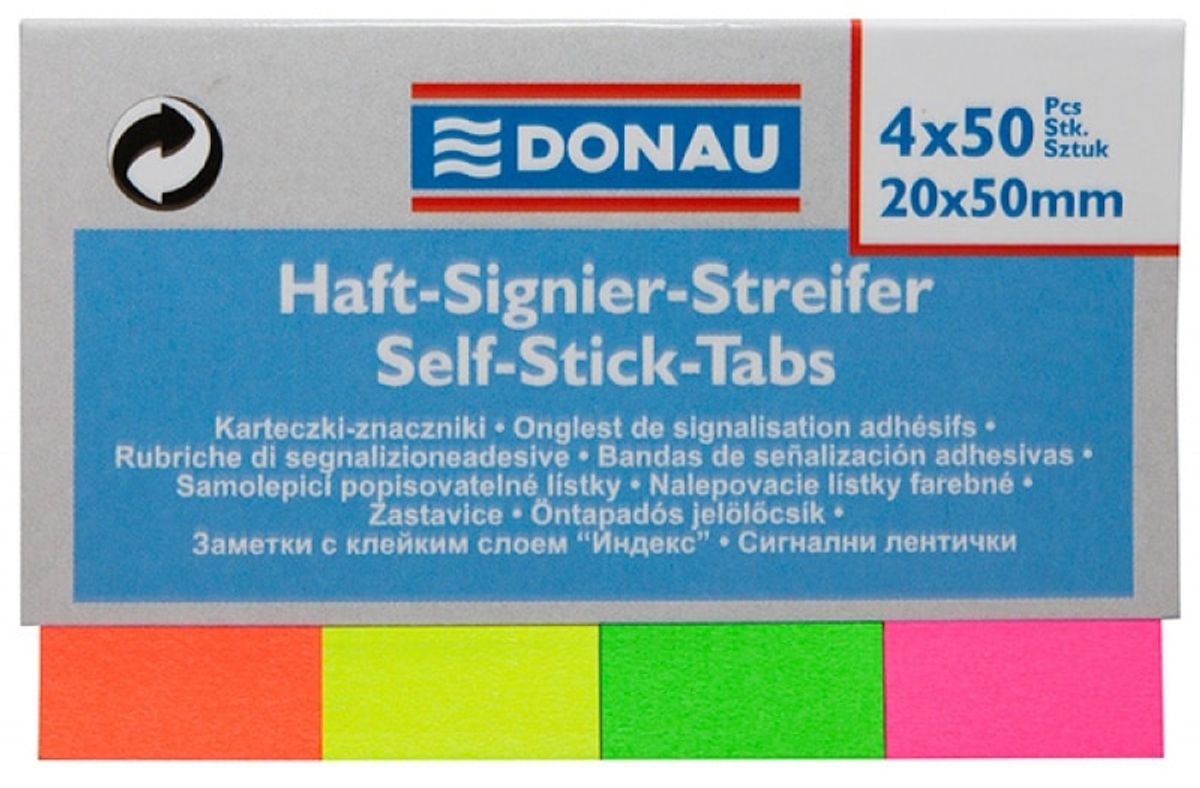 Indeksark DONAU, papir, 20x50mm, 4x50 ark, assorterede farver,.