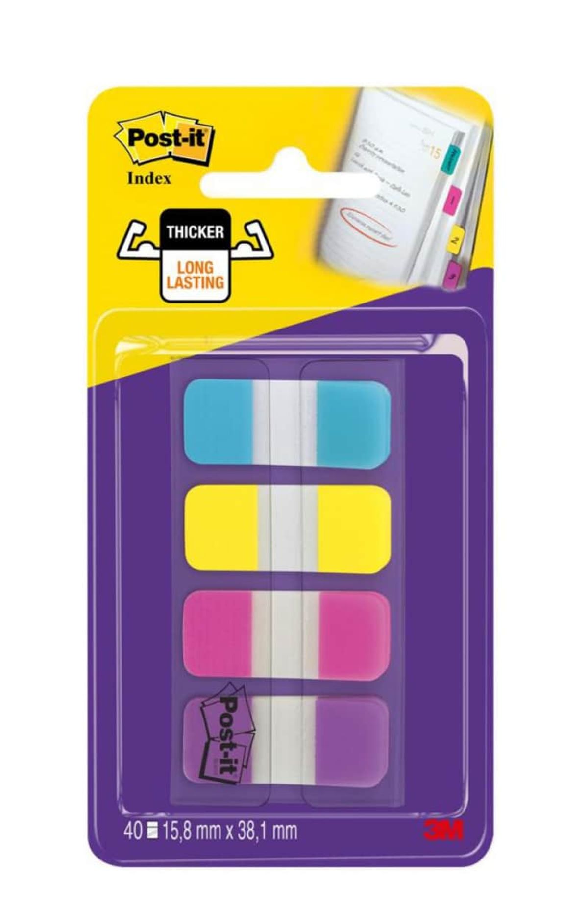 Indeksdeler, POST-IT®, til arkivering (676-AYPV), PP, stærke, 15,8x38,1mm, 4x10 stk., assorterede farver,.