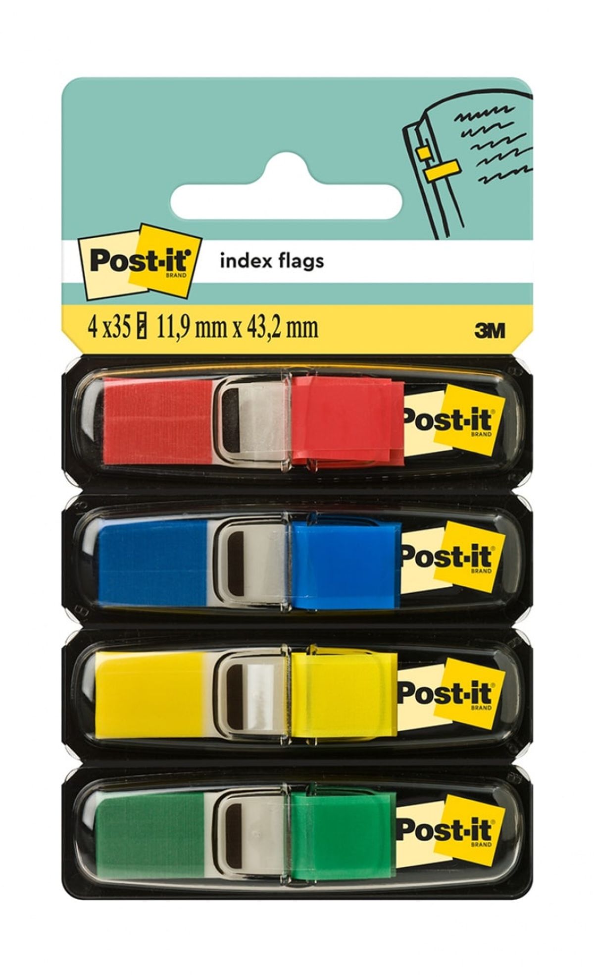 Indekseringsfaner POST-IT® (683-4), PP, 11,9x43,1mm, 4x35 faner, assorterede farver,.