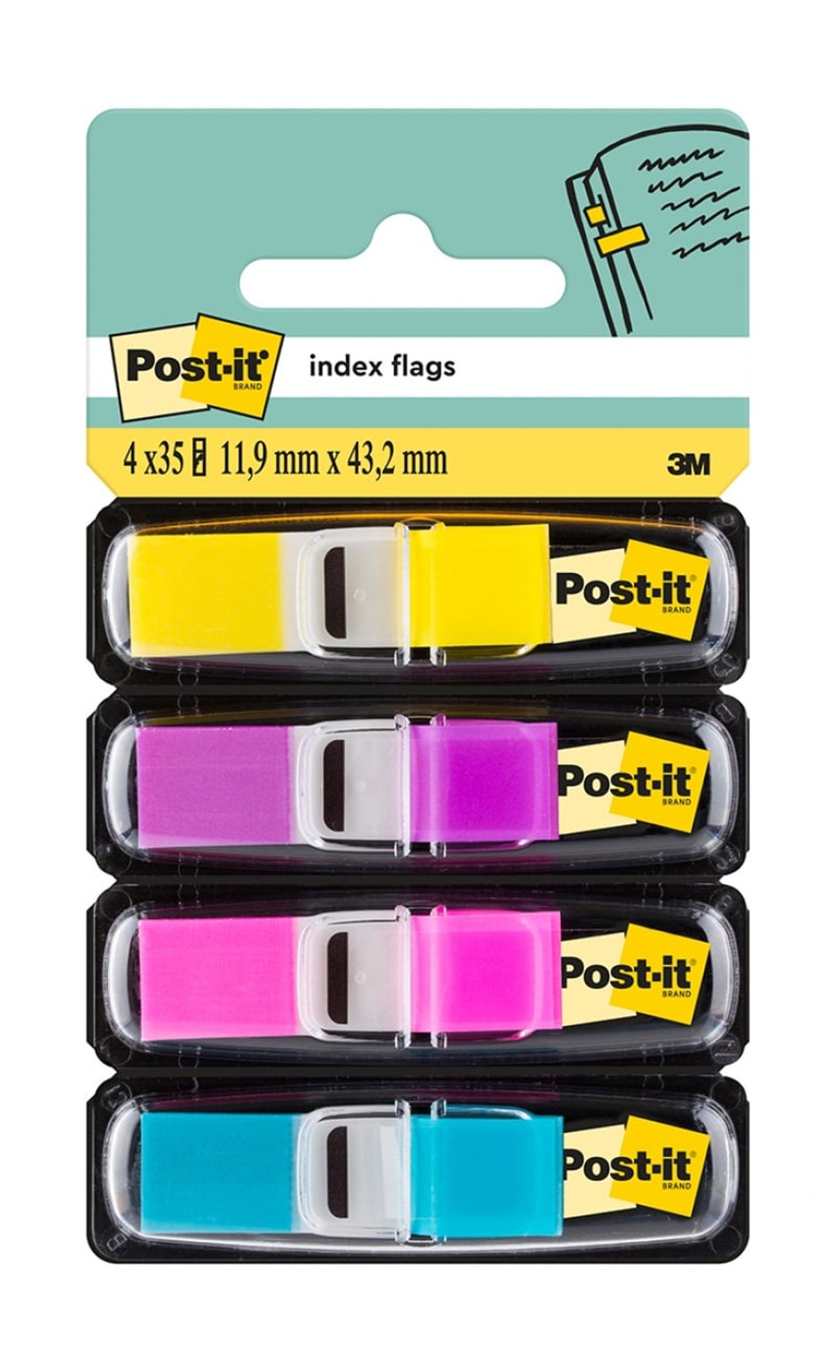 Indekseringsfaner POST-IT® (683-4AB), PP, 11,9x43,1mm, 4x35 faner, assorterede neonfarver,.