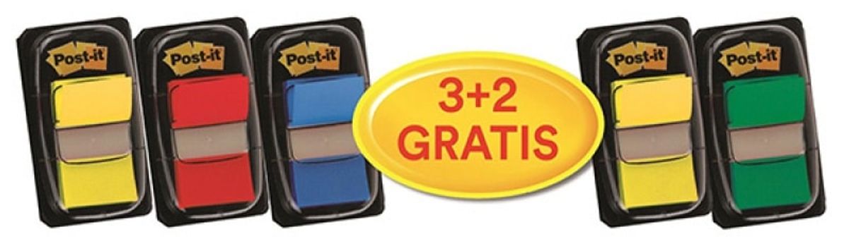 Indekseringspuder Post-it® (680-P5), reklamesæt, 25,4x43,2mm, 3x50 + 2x50 GRATIS, farvemix, 1 pakke