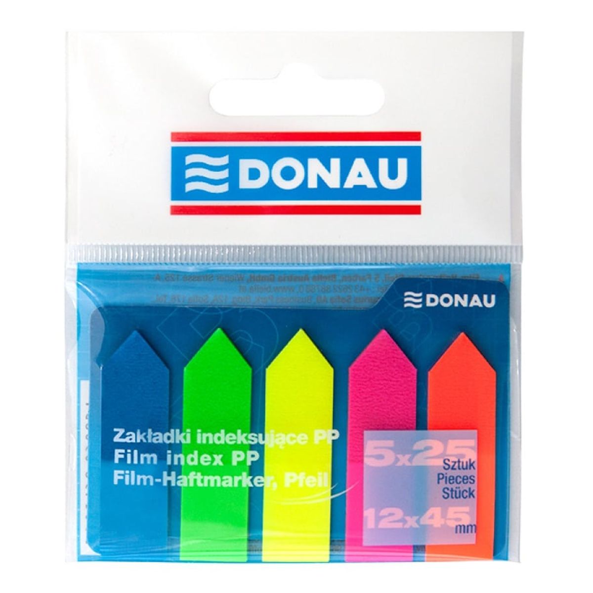 Indeksfaner DONAU, PP, 12x45mm, pil, 5x25 faner, assorterede farver,.