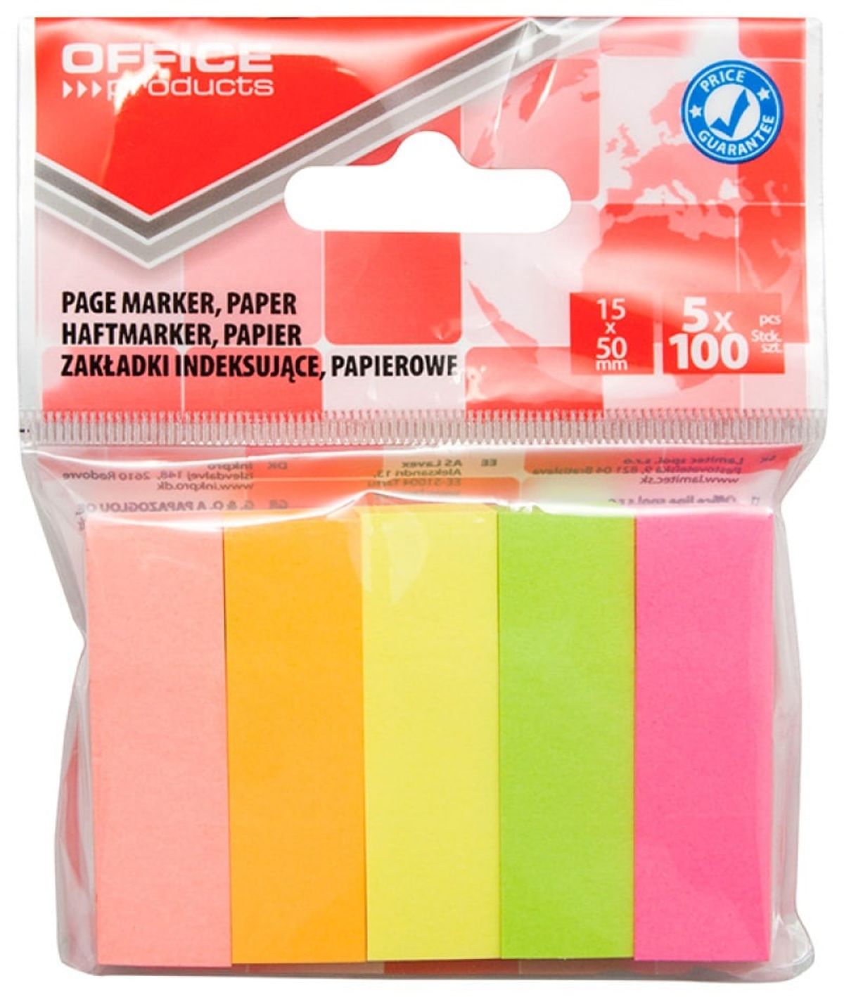 Indeksfaner til arkivering, OFFICE PRODUCTS, papir, 15x50 mm, 5x100 faner, polybag, assorterede farver,.