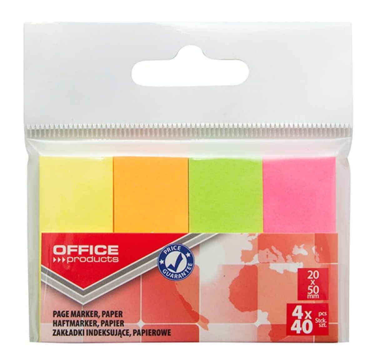 Indeksfaner til arkivering OFFICE PRODUCTS, papir, 20x50 mm, 4x40 faner, polybag, neon assorterede farver,.