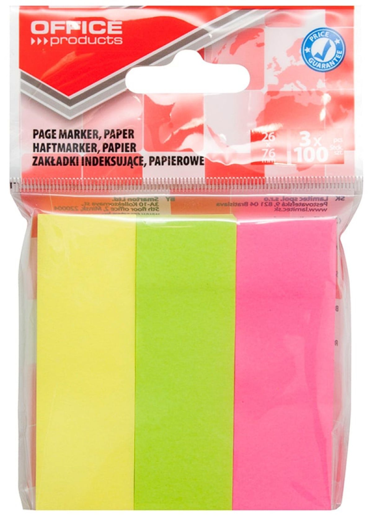 Indeksfaner til arkivering OFFICE PRODUCTS, papir, 26x76 mm, 3x100 faner, polybag, assorterede farver,.