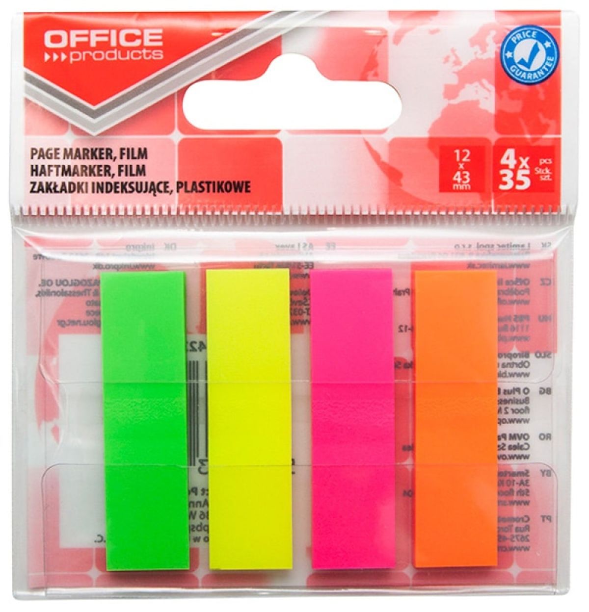 Indeksfaner til arkivering OFFICE PRODUCTS, PP, 12x43 mm, 4x35 faner, polybag, neon, assorterede farver,.