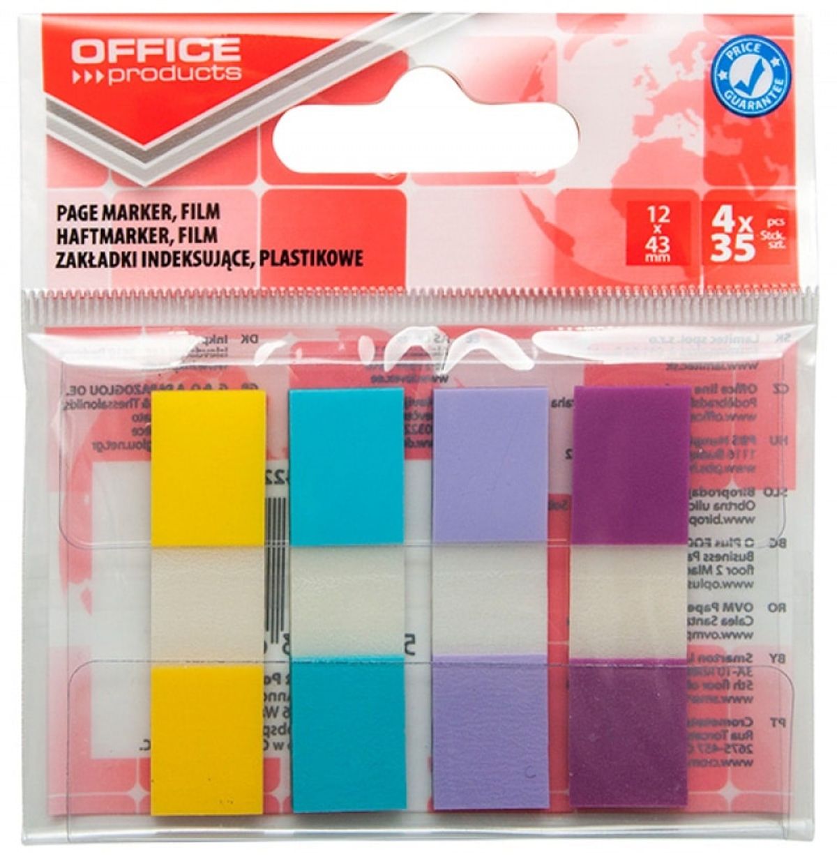 Indeksfaner til arkivering OFFICE PRODUCTS, PP, 12x43 mm, 4x35 faner, polybag, pastel, assorterede farver,.