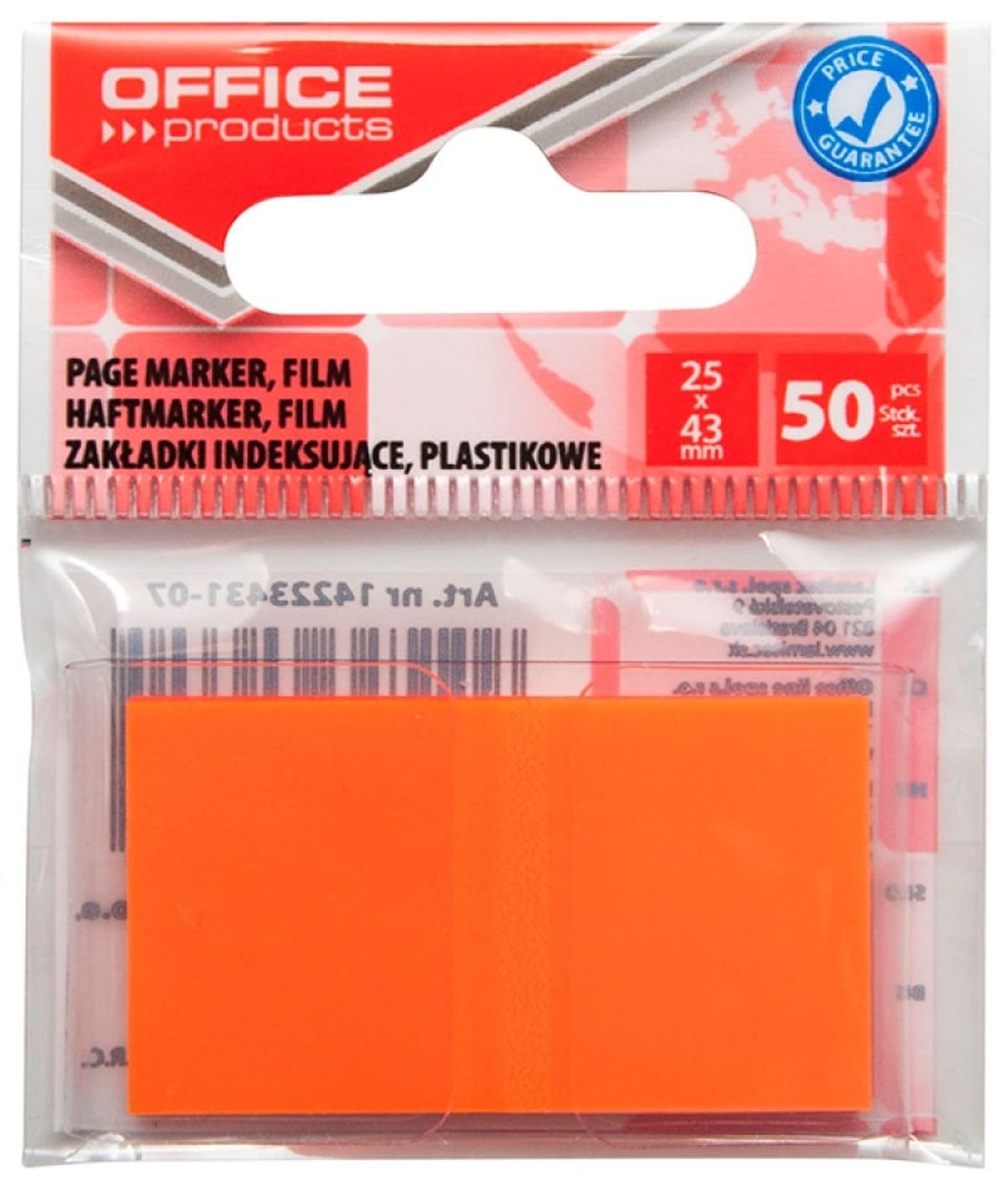 Indeksfaner til arkivering OFFICE PRODUCTS, PP, 25x43 mm, 50 faner, polybag, orange.