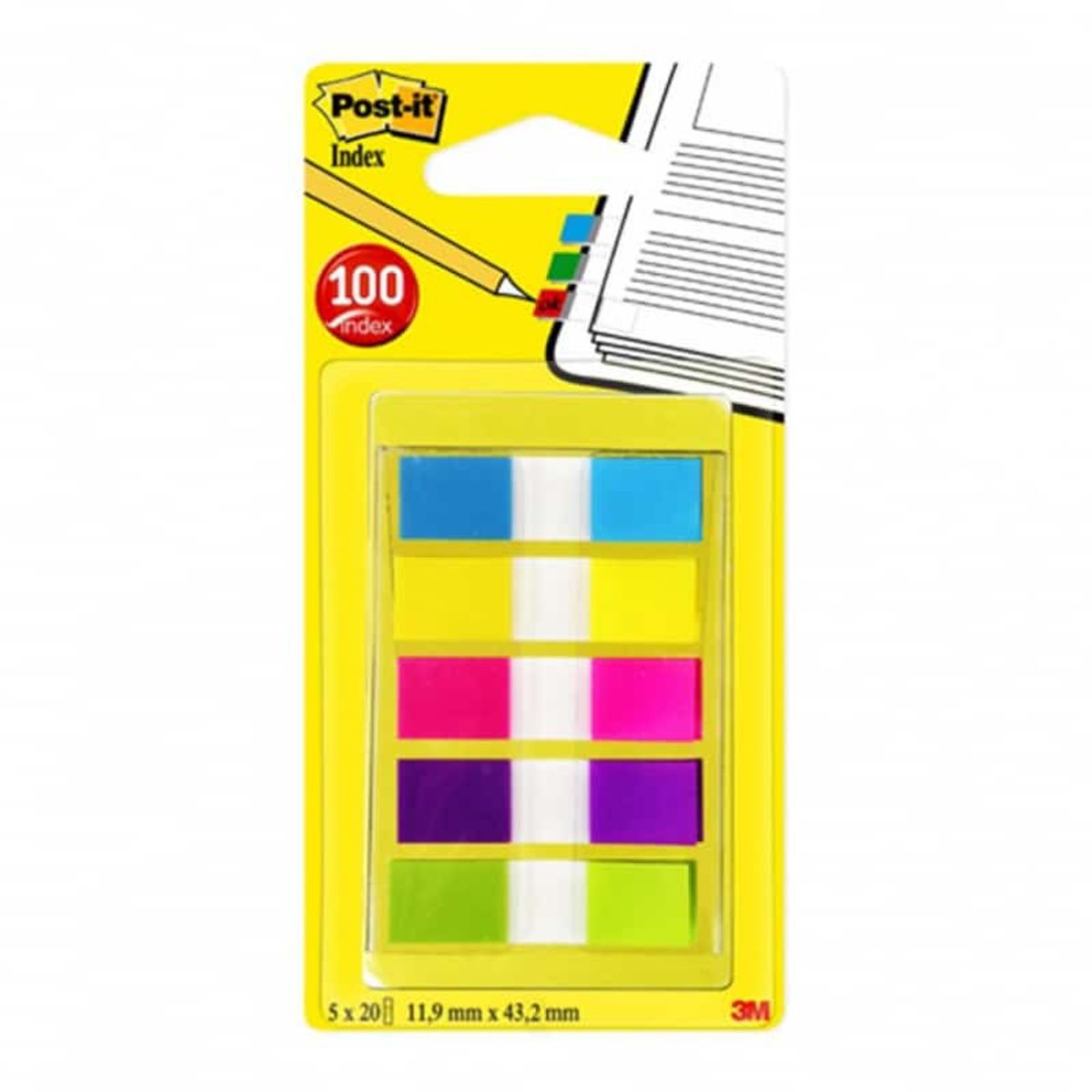 Indeksmærker POST-IT® (683-5CB), PP, 11,9x43,1mm, 5x20 faner, assorterede farver,.