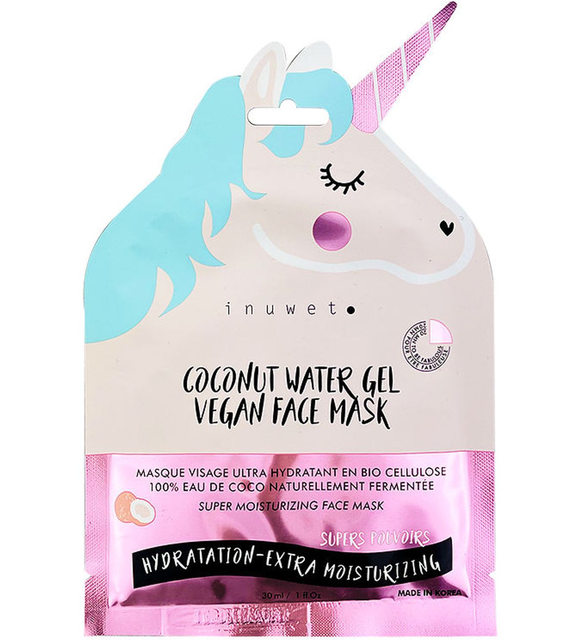 Inuwet Ansigtsmaske - Unicorn - Bio Cellulose - Coconut - Pink