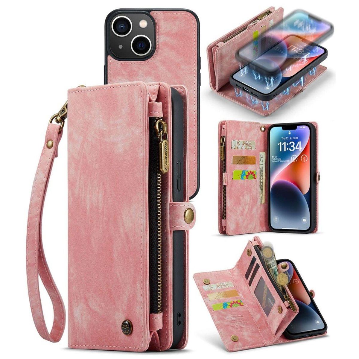 iPhone 14 - CASEME 2-i-1 læder cover / pung - aftagelig holder - Pink