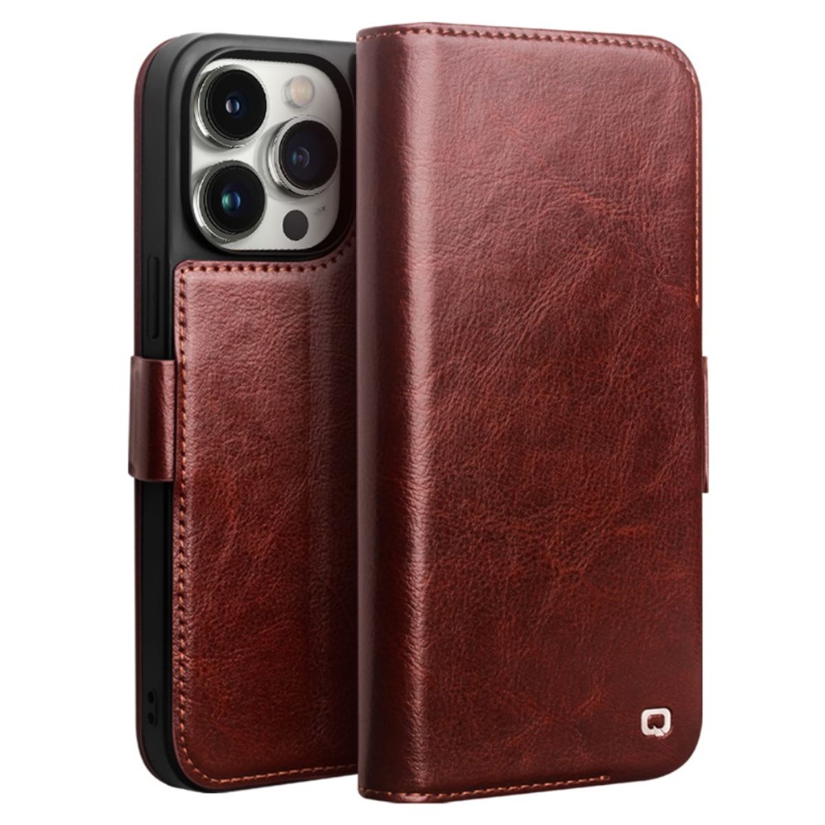 iPhone 14 Pro Max - QIALINO Classic Slim ægte læder cover - Mørkebrun