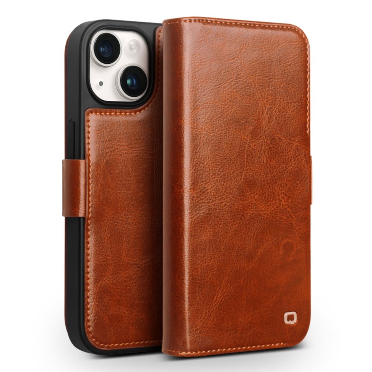 iPhone 15 Plus - QIALINO Classic Slim ægte læder cover - Lysebrun