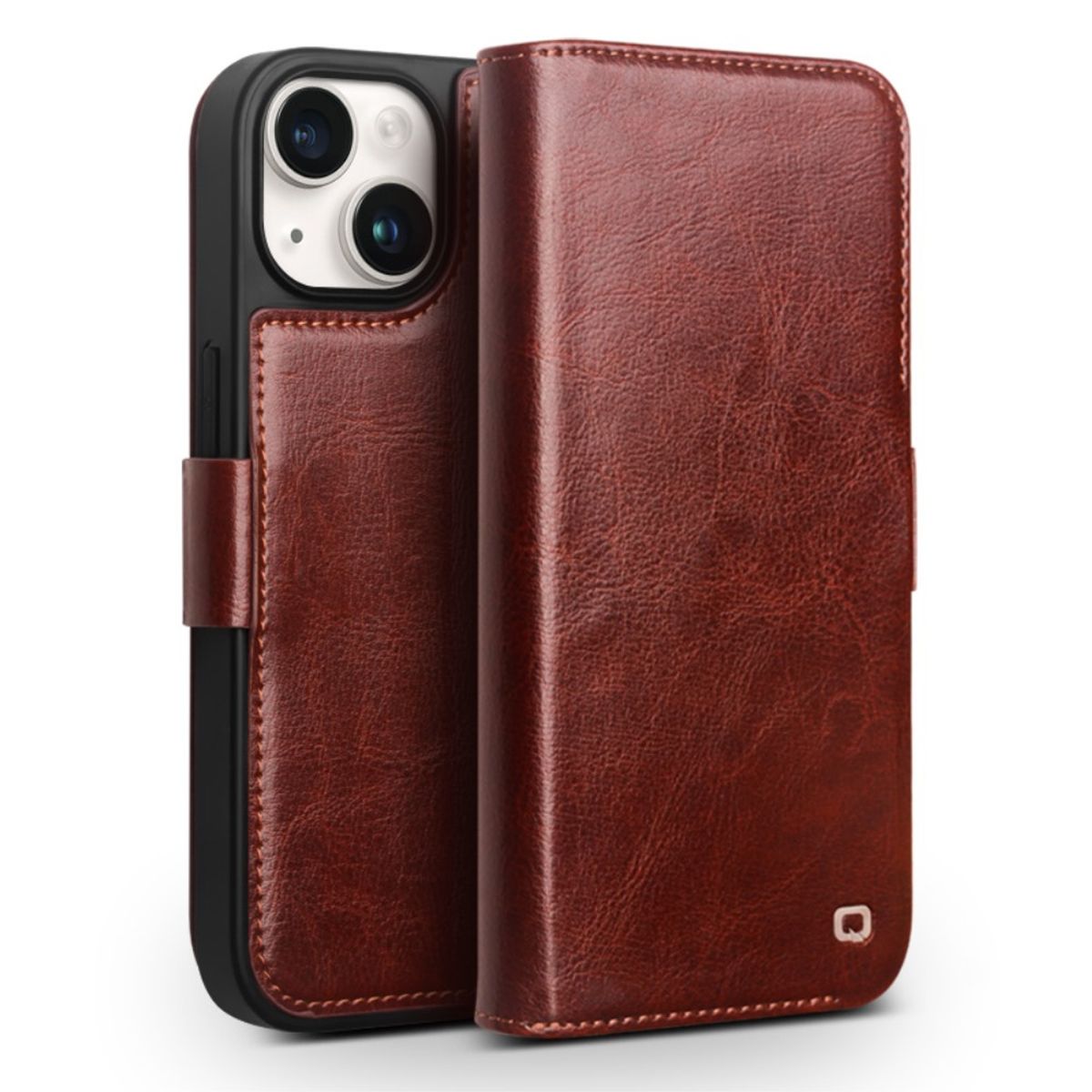 iPhone 15 Plus - QIALINO Classic Slim ægte læder cover - Mørkebrun