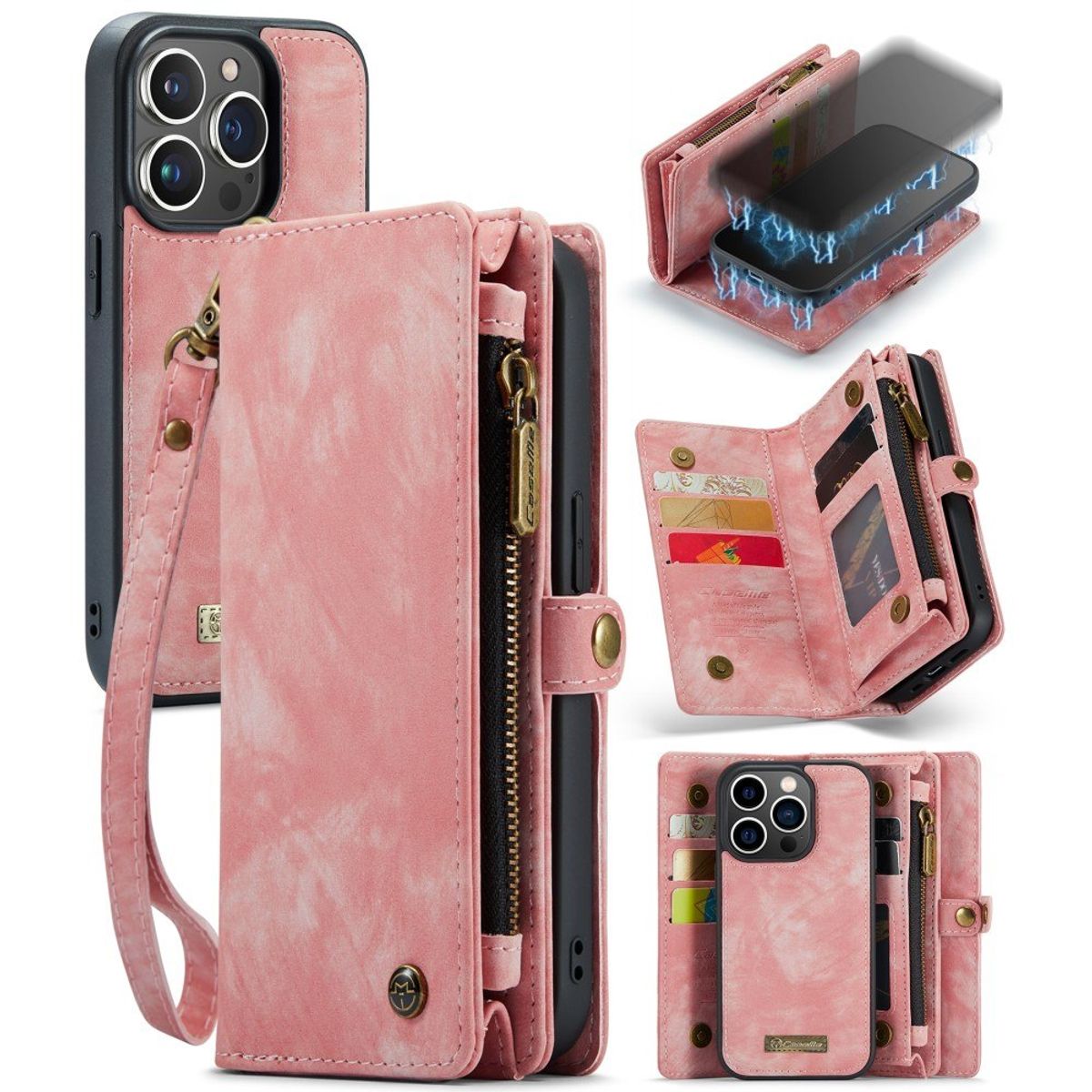 iPhone 15 Pro - CASEME 2-i-1 læder pung / cover - aftagelig holder - Pink