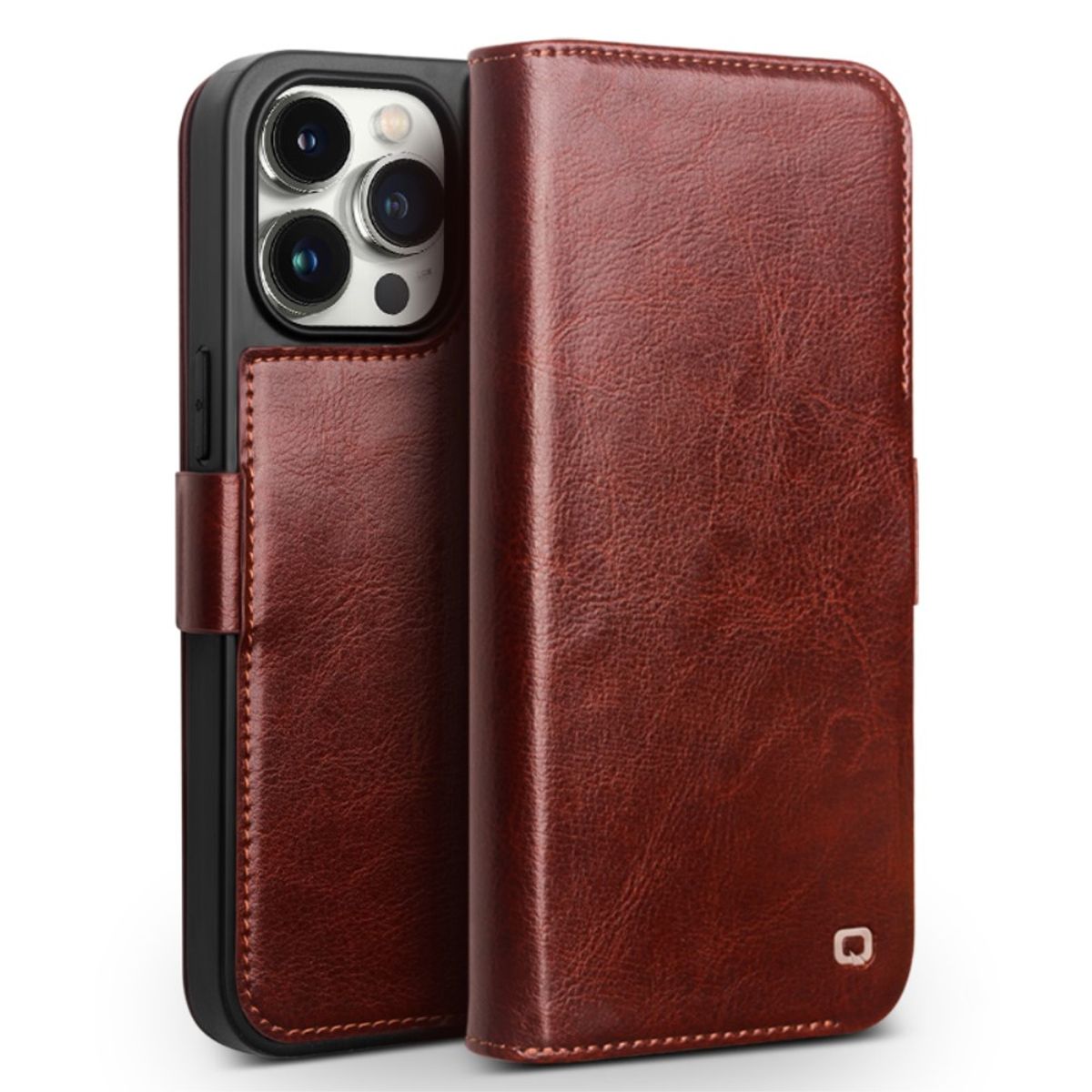 iPhone 15 Pro Max - QIALINO Classic Slim ægte læder cover - Mørkebrun