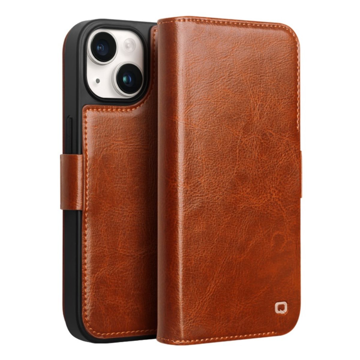 iPhone 15 - QIALINO Classic Slim ægte læder cover - Lysebrun