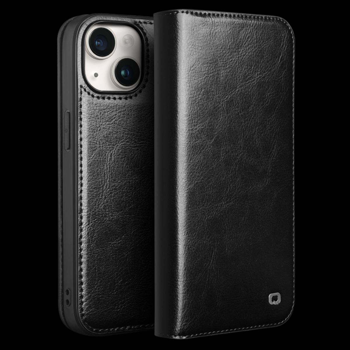 iPhone 15 - QIALINO Classic ægte læder cover / pung - Sort