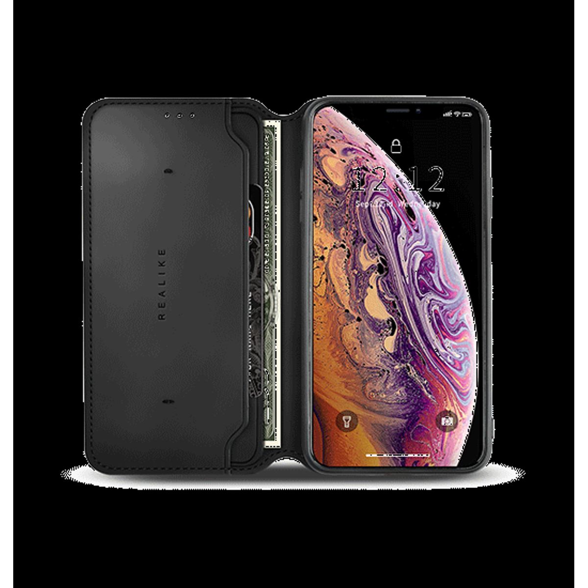 iPhone X/Xs - Realike&trade; Folio Læder Cover M. Kortholder - Sort