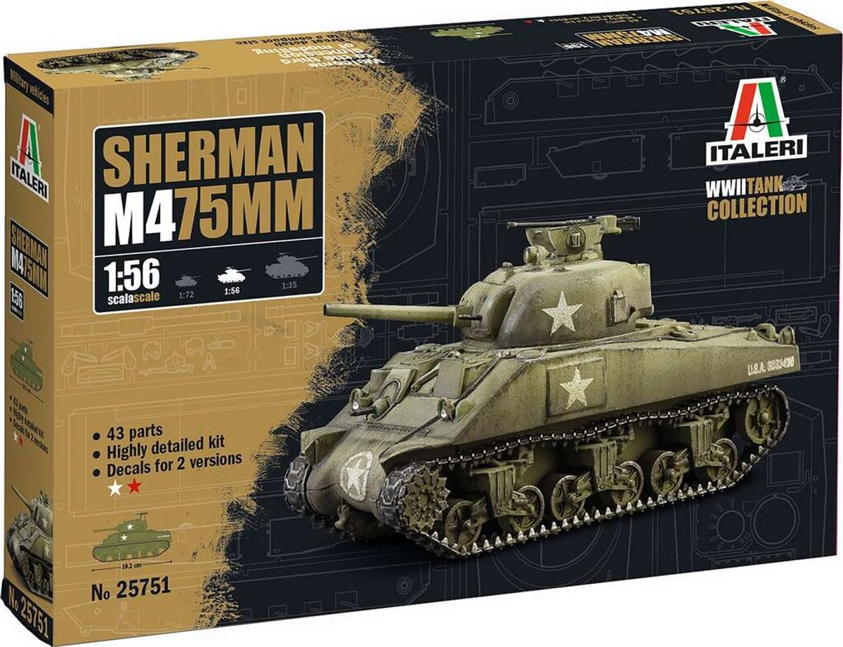 Italeri - M4 75 Mm Sherman Modeltank Byggesæt - 1:56 - 25751