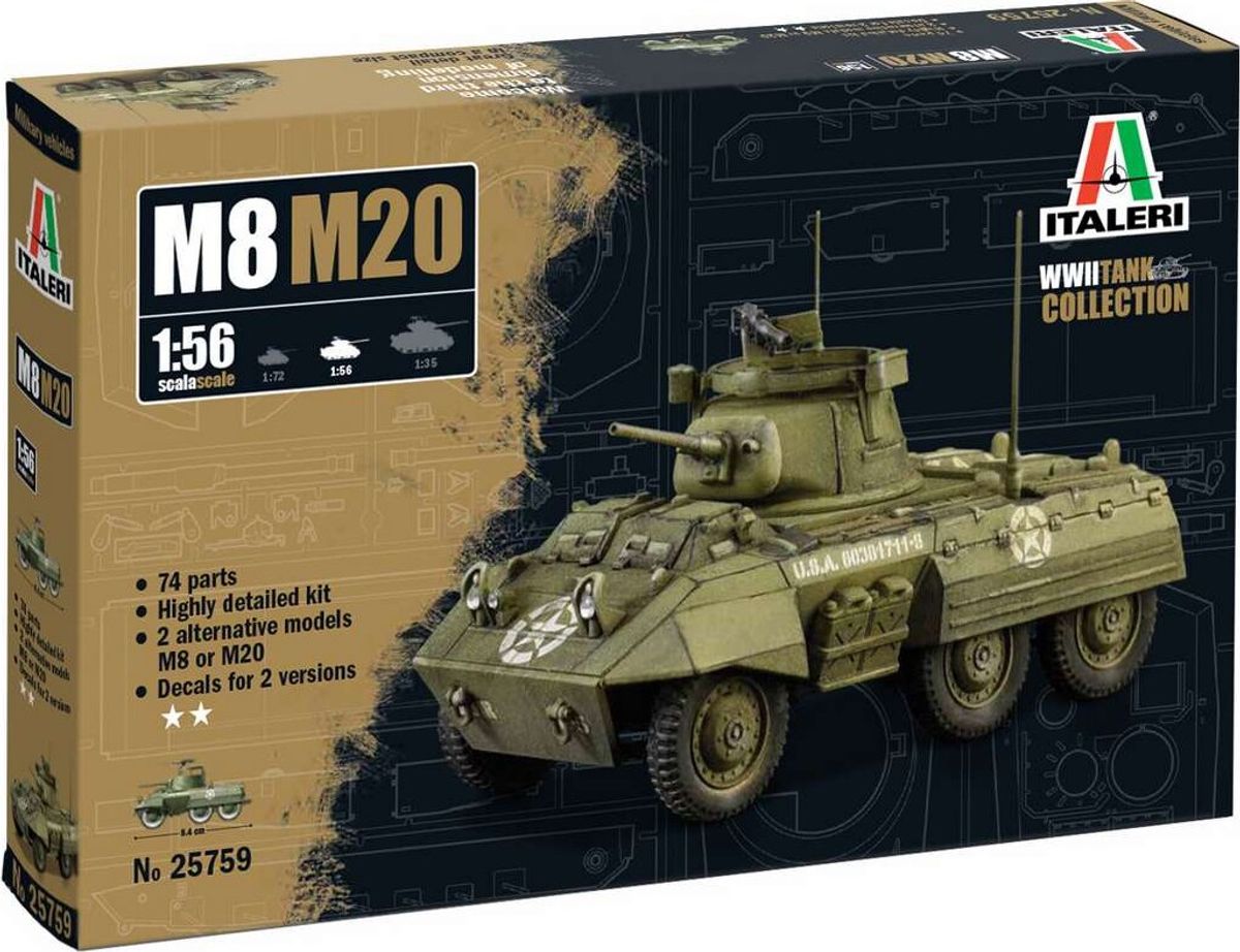 Italeri - M8/m20 Greyhound Tank Byggesæt - 1:56 - 25759