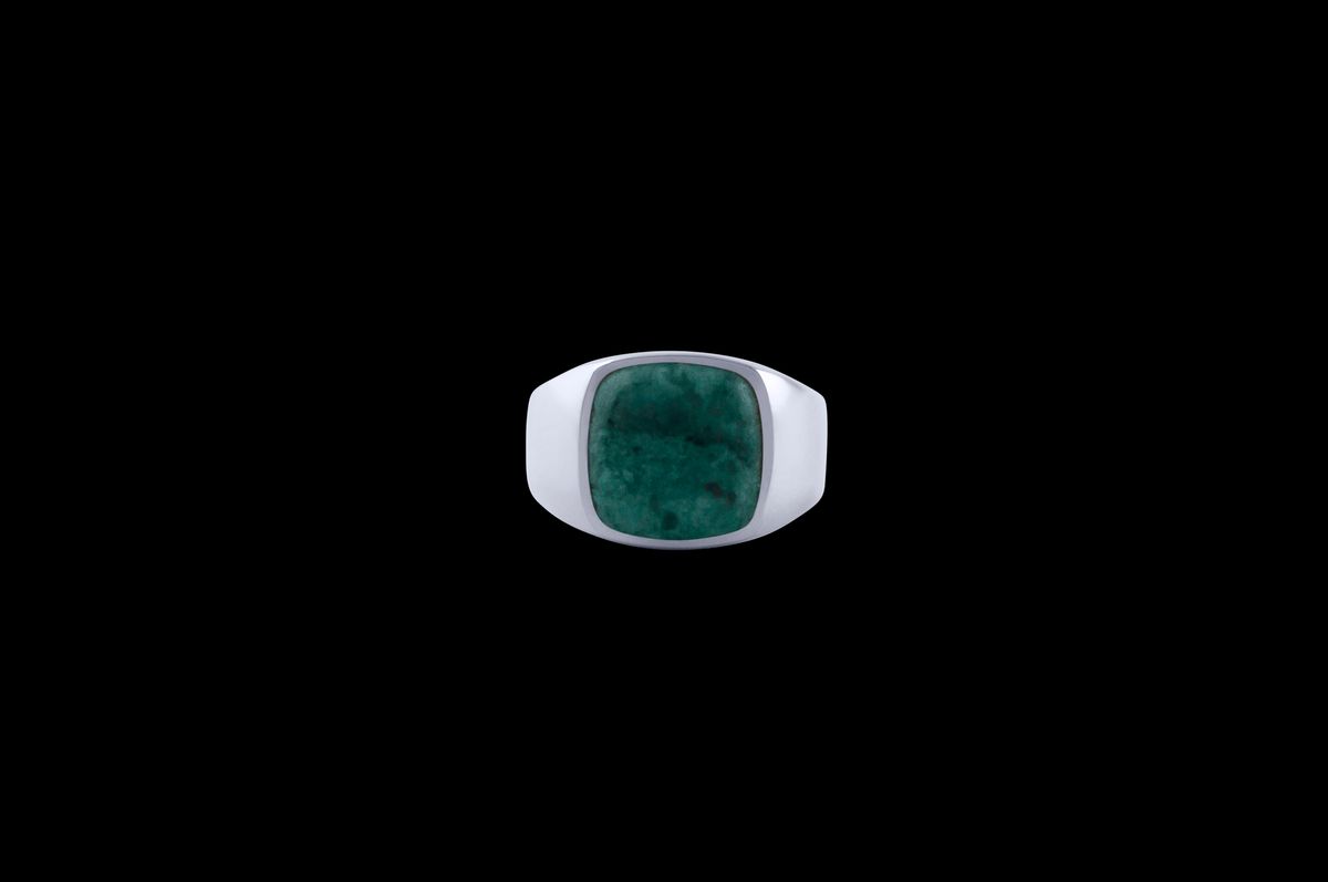 IX Cushion Signet Ring Green Marble Silver