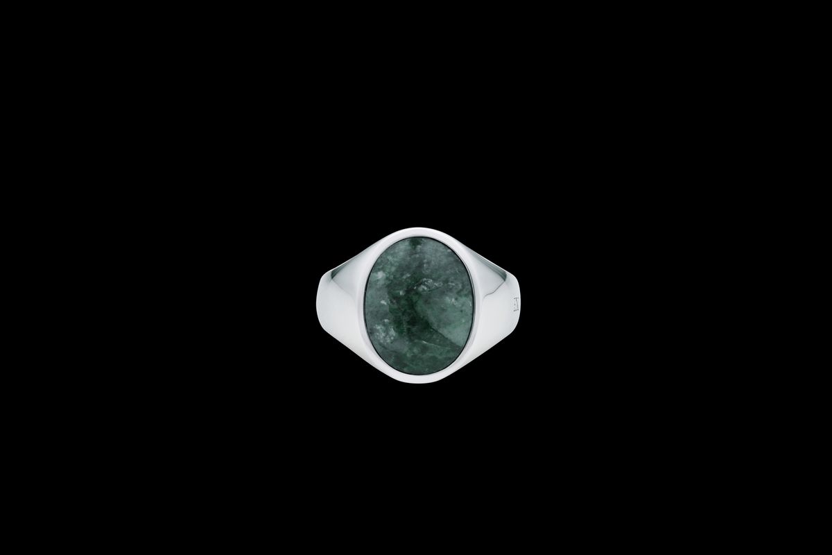 IX Oval Signet Ring Green Marble Silver