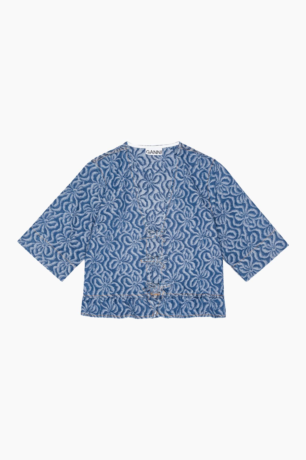 Jacquard Denim Flounce Tie Blouse J1394 - Mid Blue Stone - GANNI - Blå M