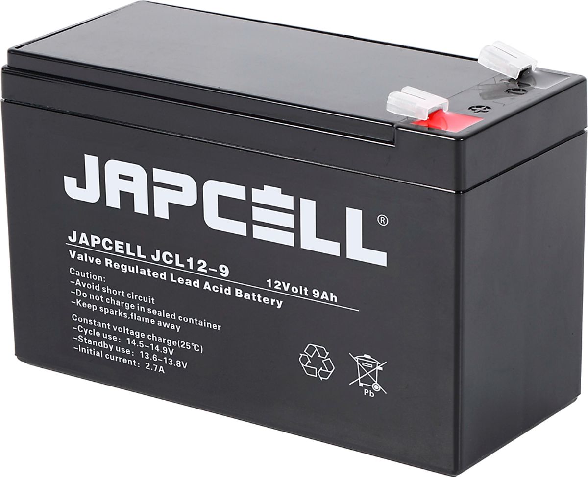 Japcell AGM-batteri 12V JCL12-9, 9,0Ah 4,8mm terminaler blybatteri