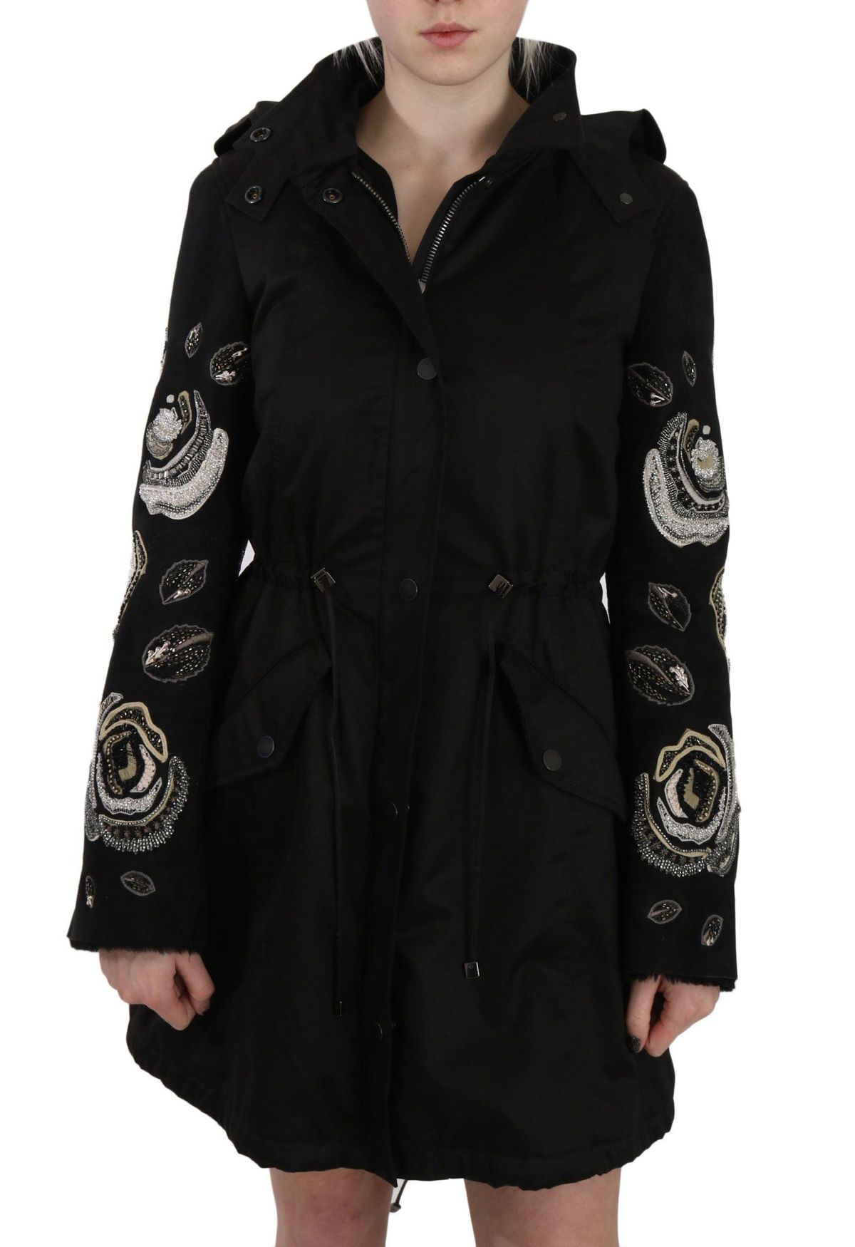 John Richmond Elegant Black Beaded Parka Jacket for Dame