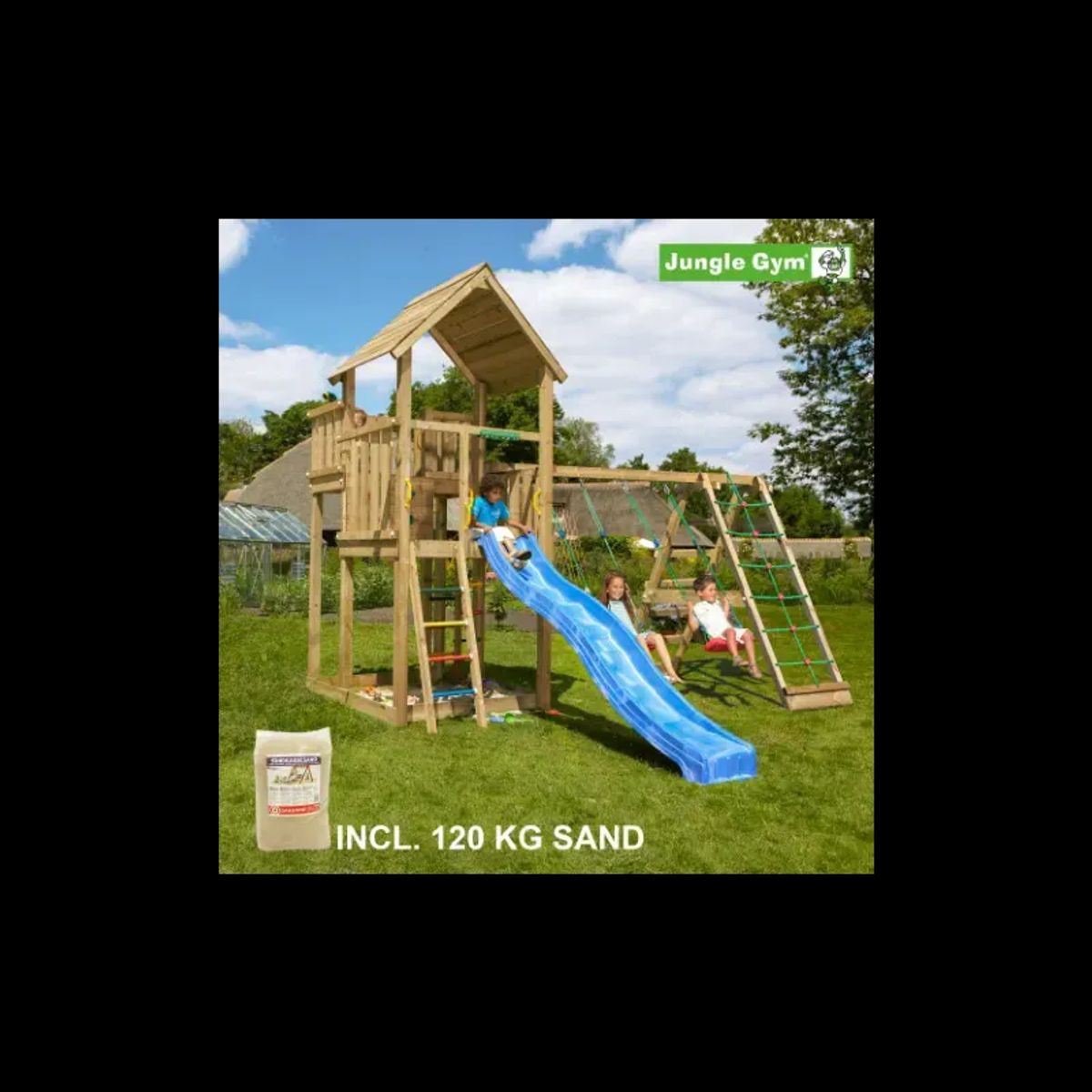 Jungle Gym Palace legetårn komplet inkl. climb module xtra, 120 kg sand og blå rutschebane - 804-276CXSB